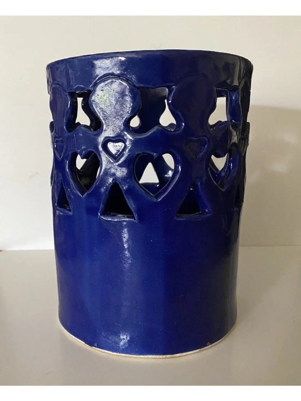 Vtg Signed Studio Pottery Cobalt Kitchen Utensil Holder Cutout Children Hearts